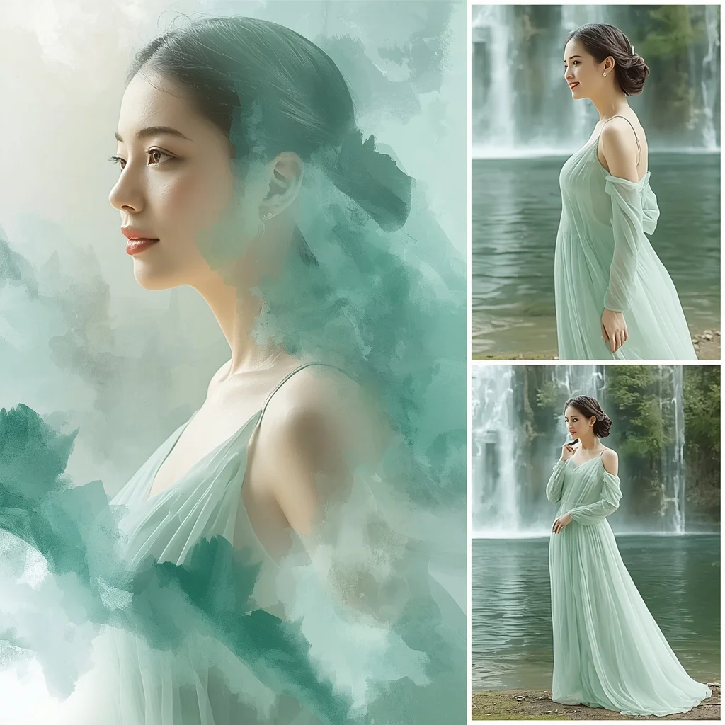 A Woman's Elegance: Waterfall Watercolor Wash Effects, Nature Backdrop | instagram girl gemini prompt — AI image prompt