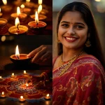 An Indian Woman's Festive Radiance in a Collage of Sparkling Diyas and Vibrant Rangoli | traditional prompt for gemini ai girl