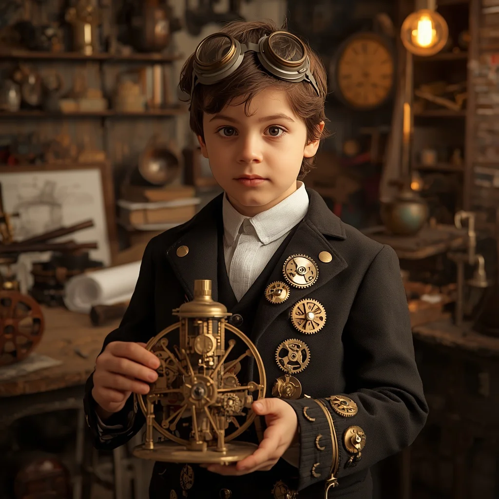 Clockwork Inventor Prodigy: Gears and Cogs in a Workshop | Prompt for Gemini AI boy Indian style Instagram — AI image prompt