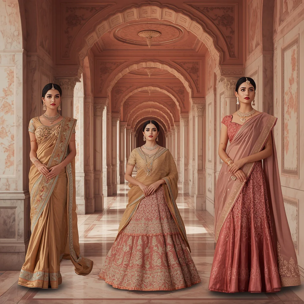 Imperial Rose Corridor Indian Dress Collage Image Prompt Festive Luxury Heritage | retro style prompt for gemini girl in saree in hindi — AI image prompt